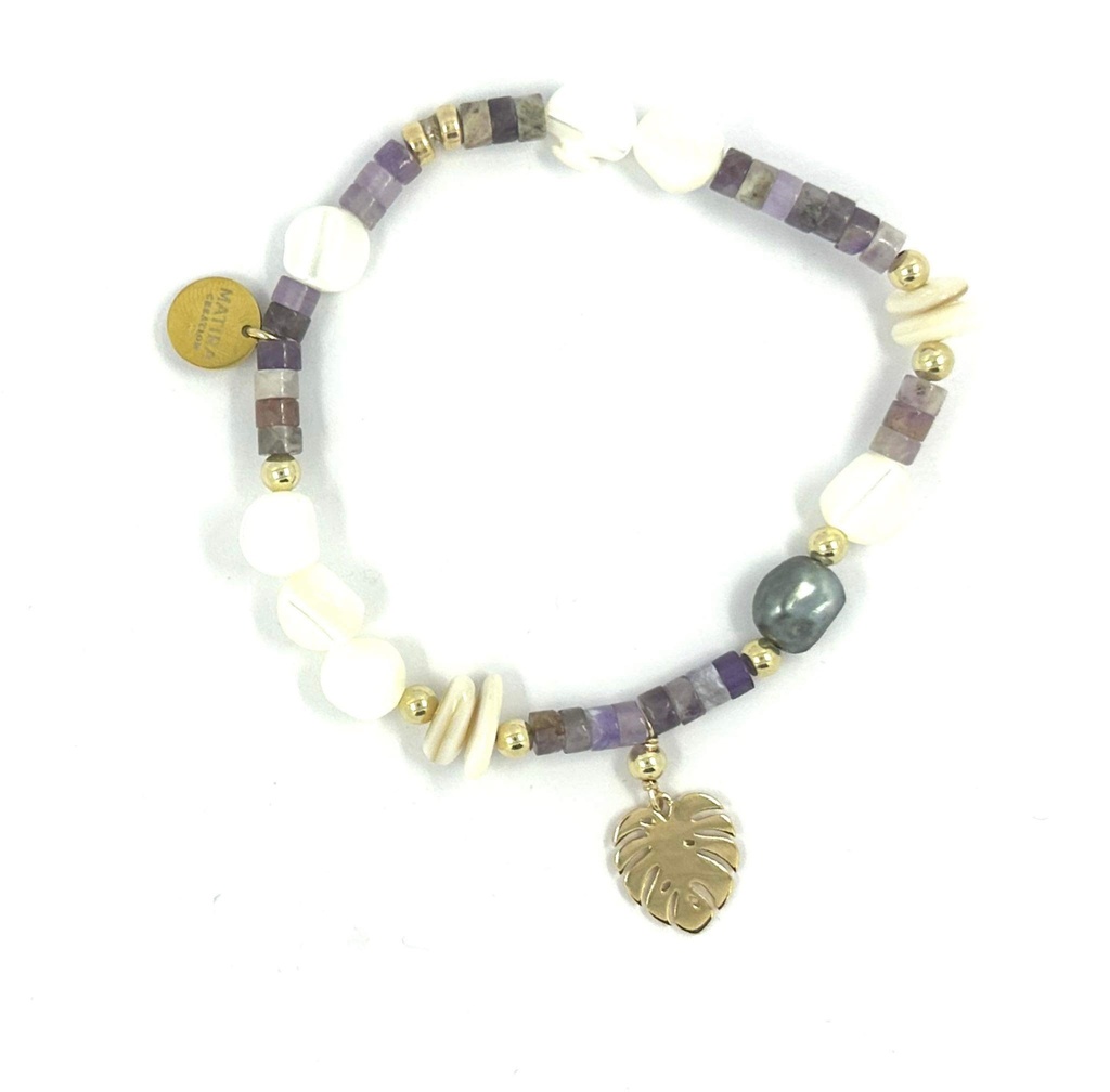 Bracelet élastique Ape plaqué or Keishi, améthyste violet et nacre