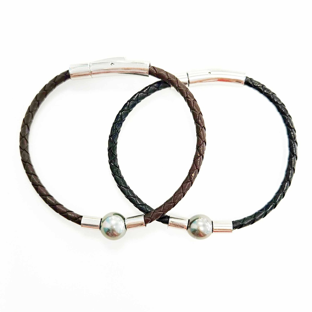 Bracelet homme cuir fin tressé et perle de Tahiti