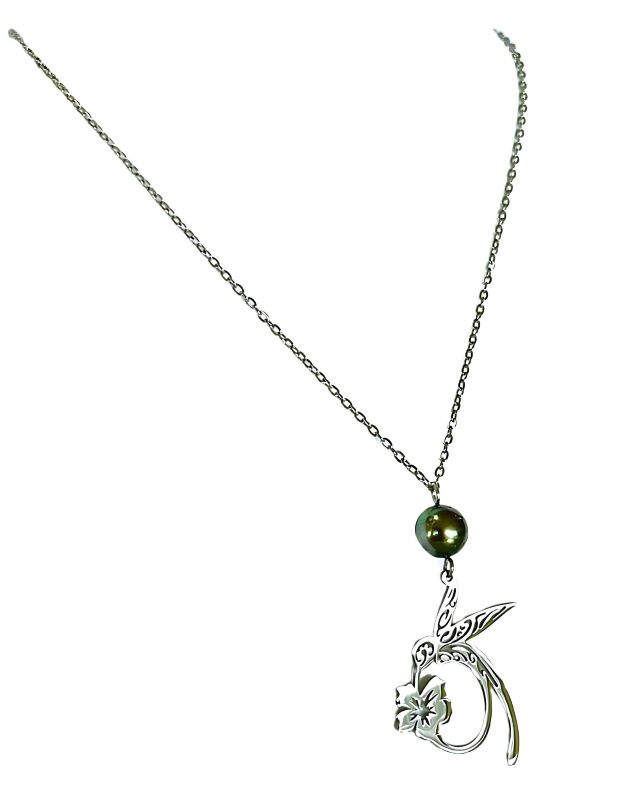 Collier colibri et hibiscus - acier
