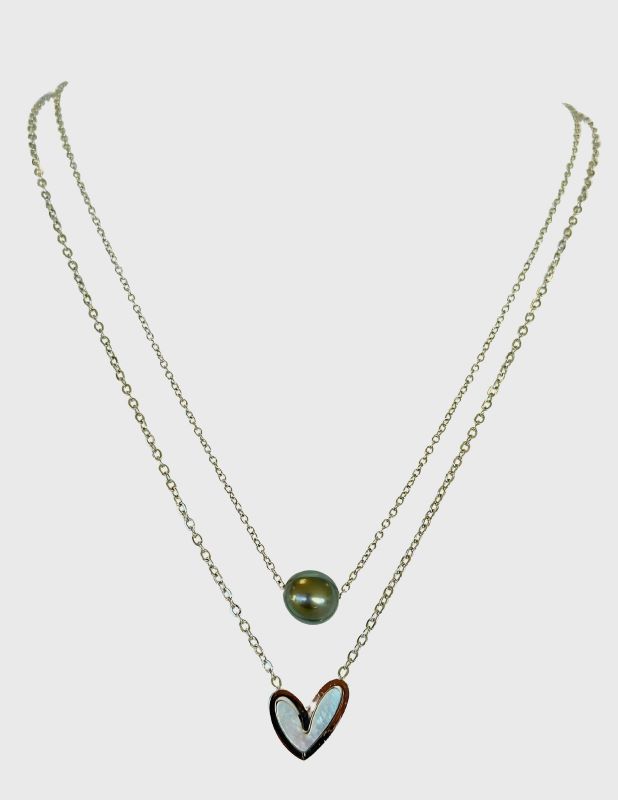 Collier double perle de Tahiti et Coeur