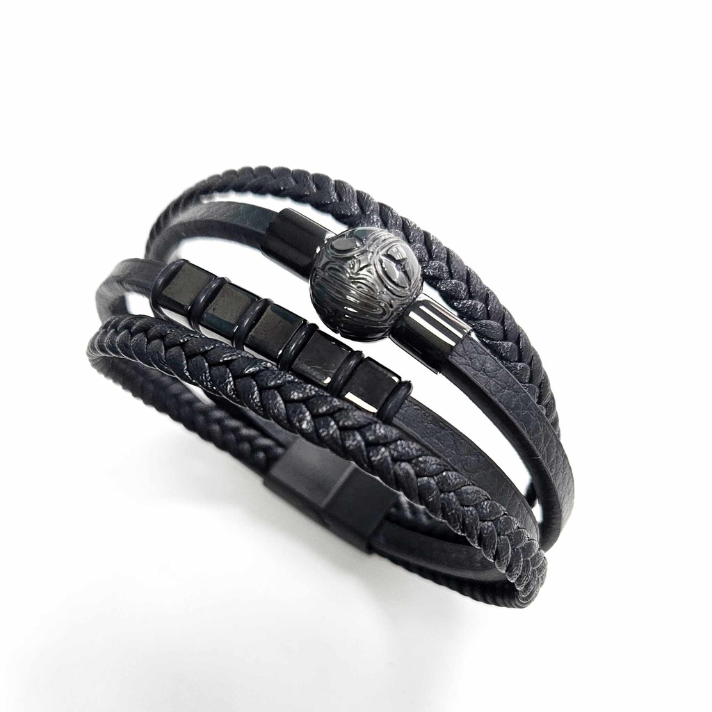 BRACELET HOMME MULTI RANGS CUIR ET PERLE DE TAHITI GRAVEE