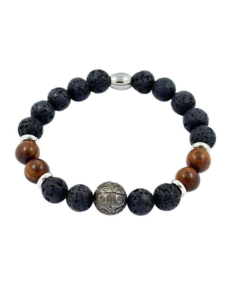 BRACELET HOMME ELASTIQUE BOIS / PDL + perle gravée