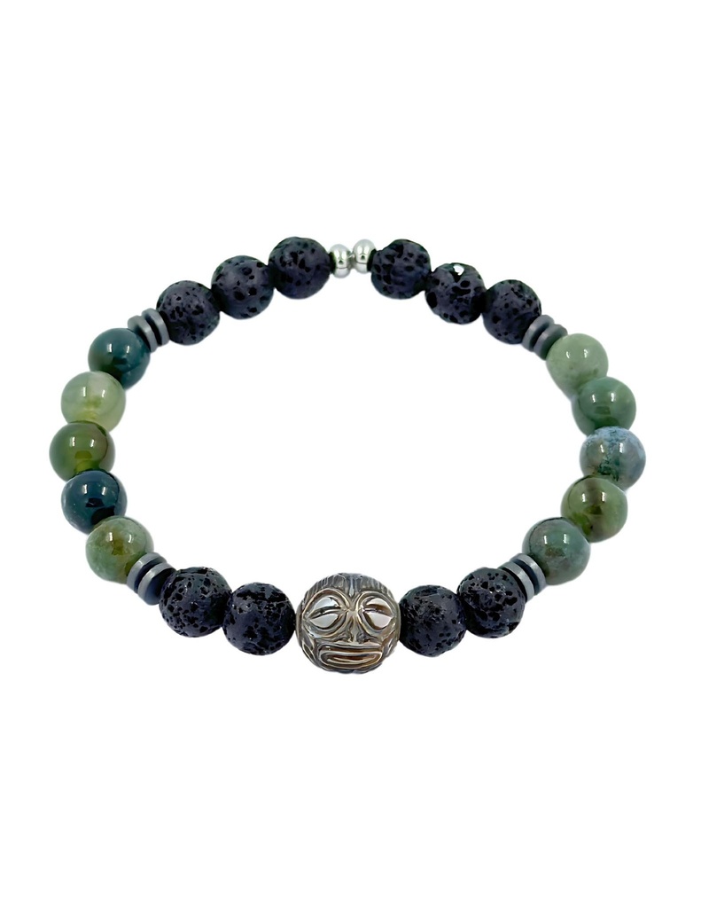 BRACELET HOMME ELASTIQUE Agates vertes / PDL +perle gravée