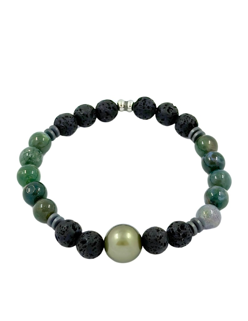 BRACELET ELASTIQUE HOMME AGATE VERTE / PDL ET PERLE