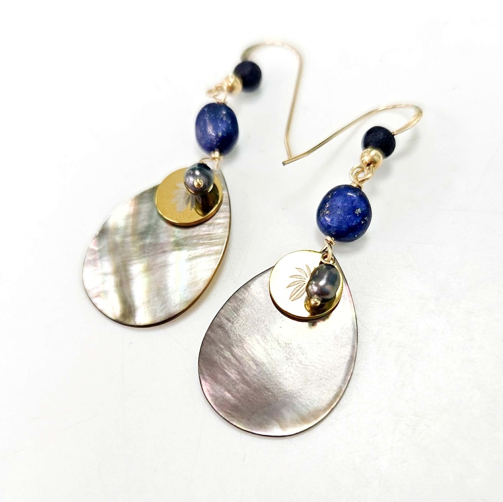 Boucle d'oreille plaqué or, Nacres, Keishi, lapis lazulis