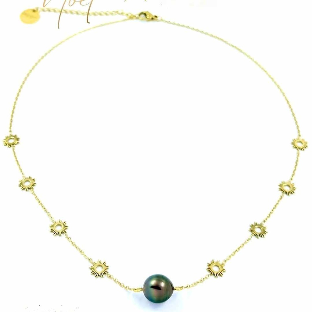 COLLIER MINI SOLEILS ET PERLE - ACIER DORE