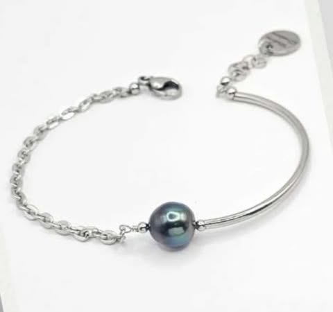 Bracelet acier inoxydable demi jonc, chaine + perle