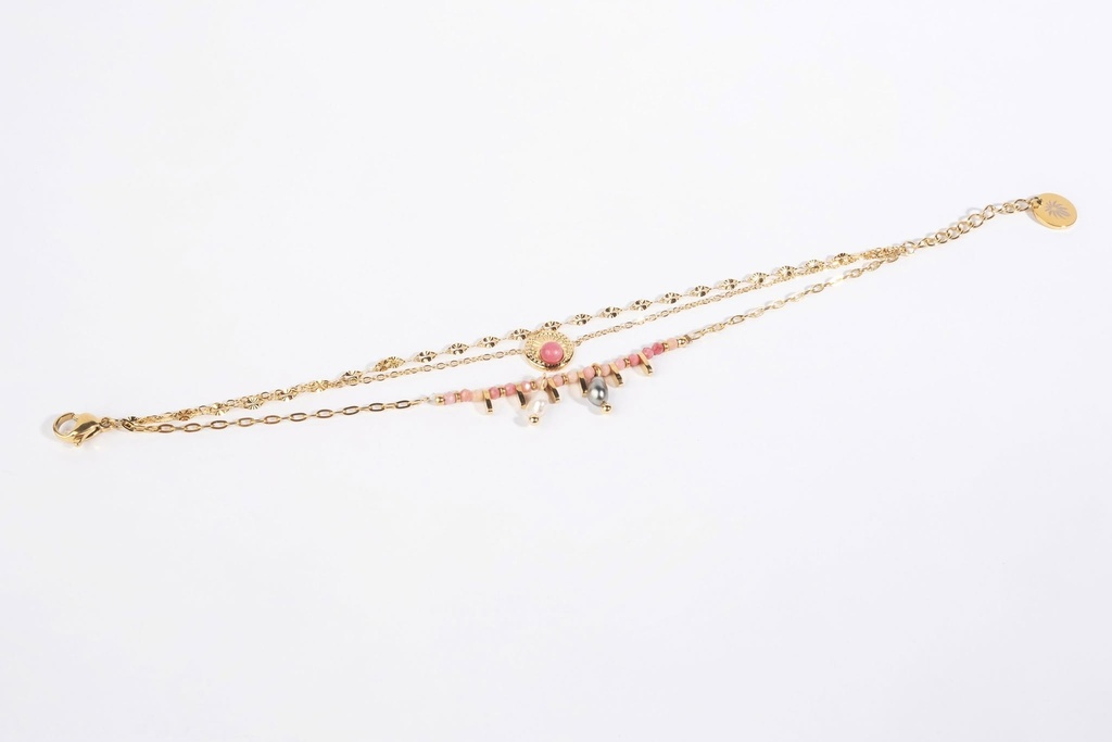 BRACELET 3 RANGS PIERRES ROSES ET KEISHIS - ACIER DORE