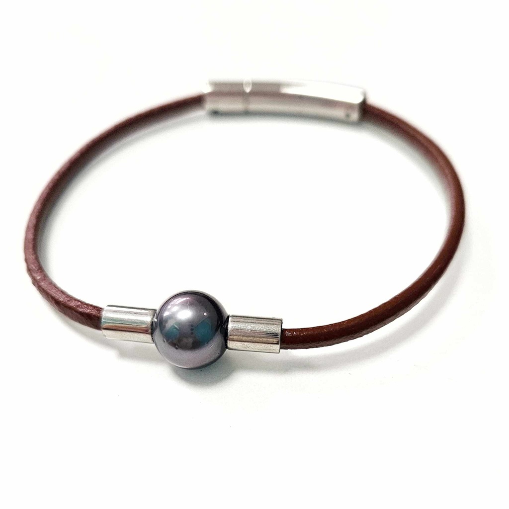 BRACELET HOMME CUIR FIN LISSE MARRON ET PERLE