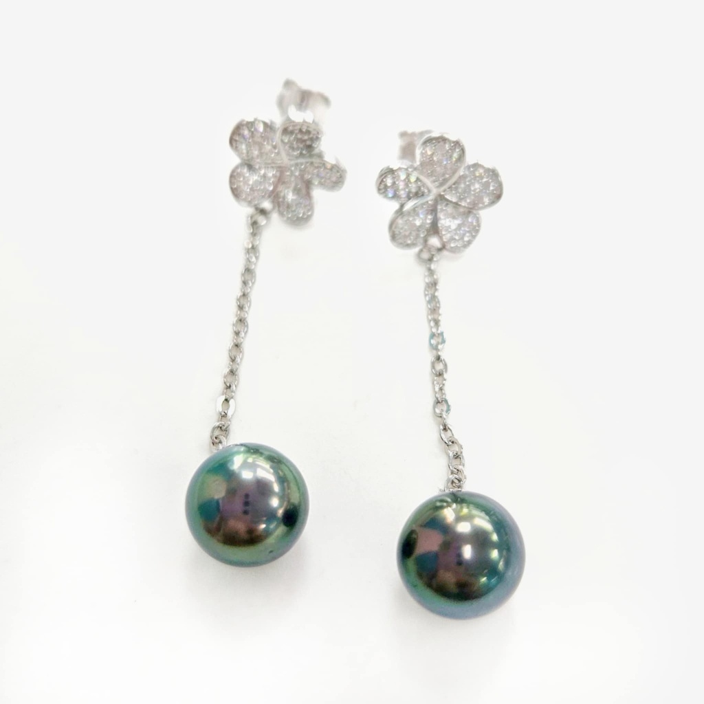 BOUCLES D OREILLES PENDANTES TIPANIER ZIRCONCS ET PERLE DE TAHITI - ARGENT