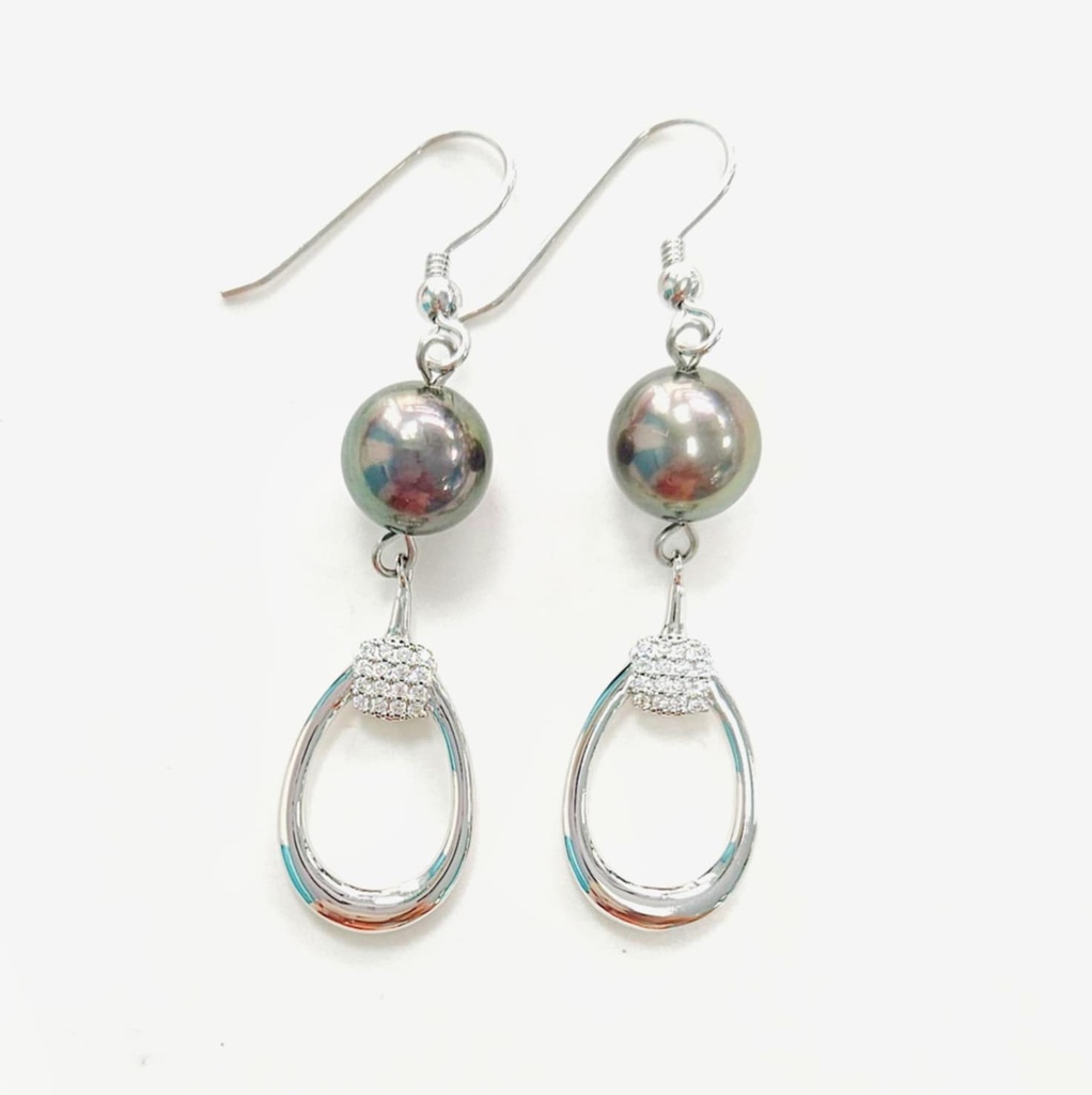 BOUCLES D OREILLES GOUTTE ZIRCONS ET PERLE DE TAHITI - ARGENT