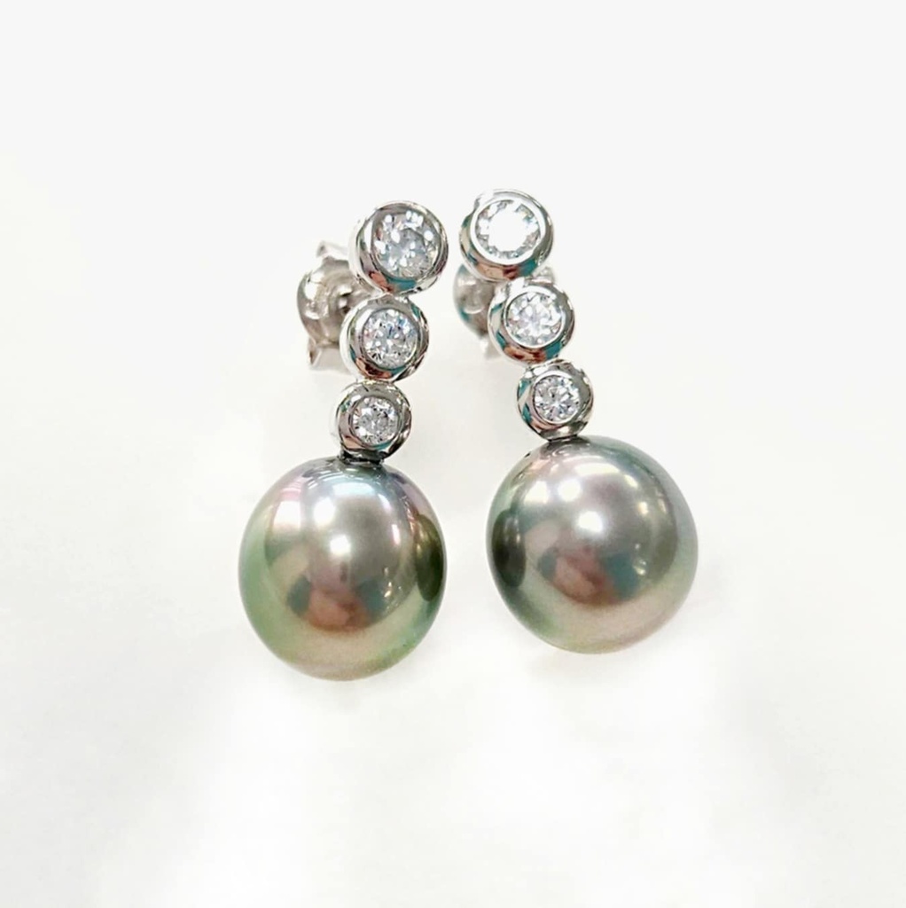 BOUCLES D OREILLES ZIRCONS RONDS ET PERLES DE TAHITI - ARGENT