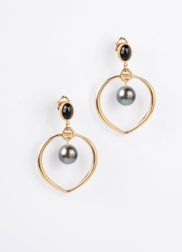 BOUCLES D OREILLES STUDS NOIRES ET PERLES - ACIER DORE