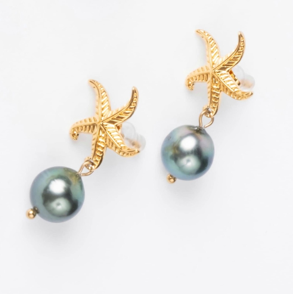 BOUCLES D OREILLES STUDS ETOILE DE MER ET PERLE - ACIER DORE