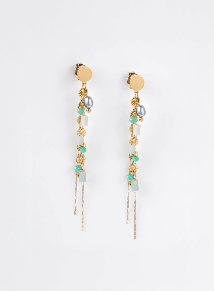 BOUCLES D OREILLES LONGUES VERTES KEISHIS - ACIER DORE - CAPSULE