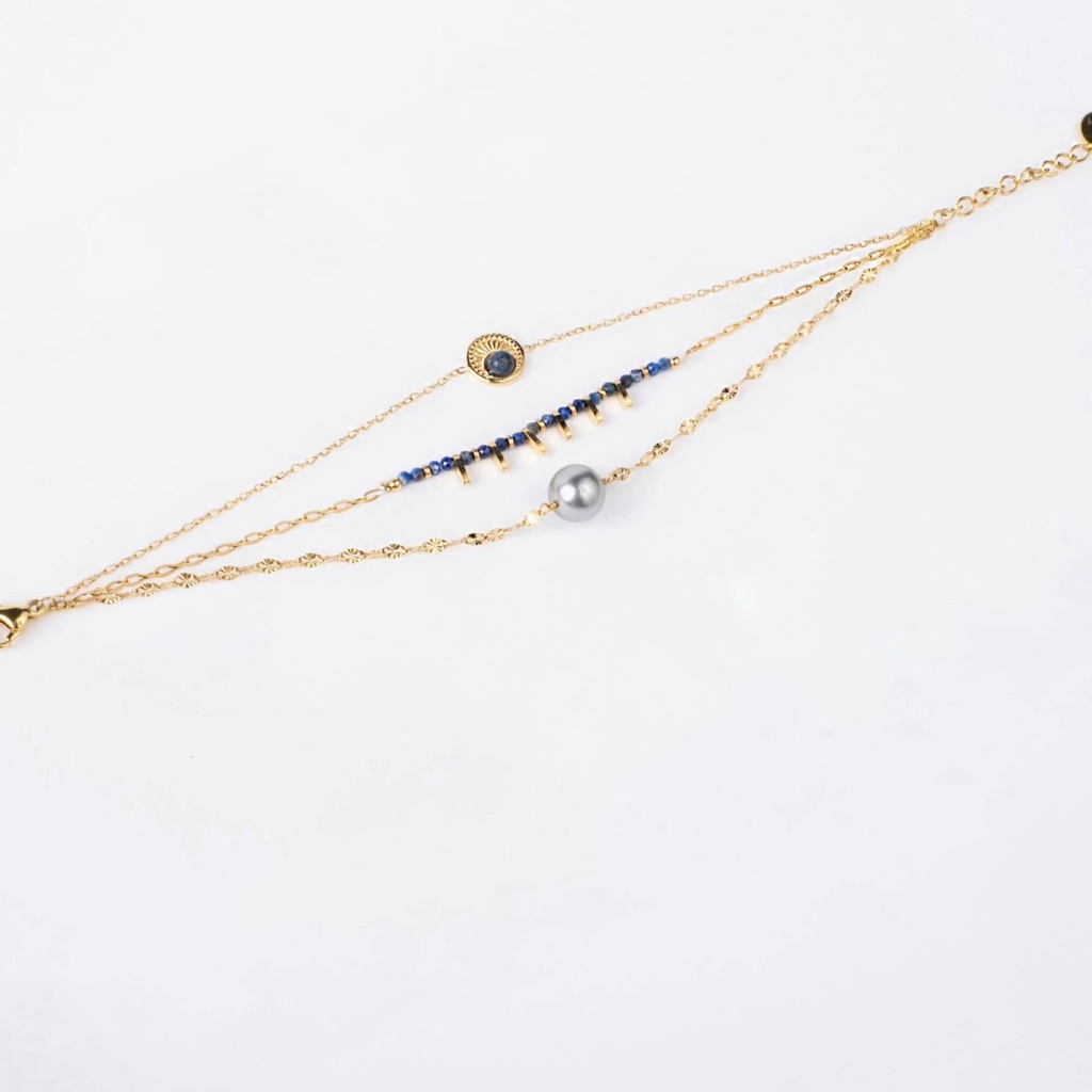 Bracelet acier doré 3 RANGS ESMERALDA BLEU -  CAPSULE