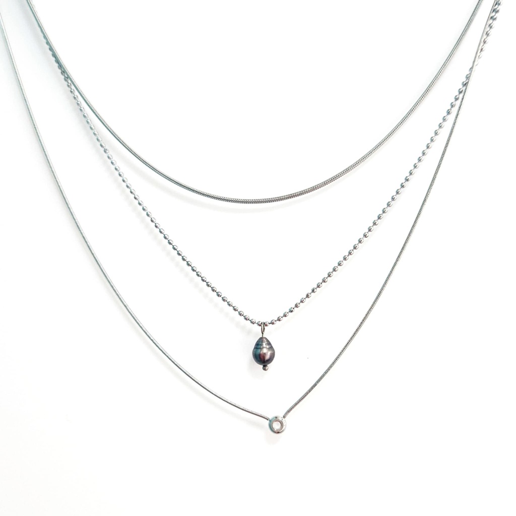 COLLIER 3 RANGS AVEC UN KEISHI - ACIER