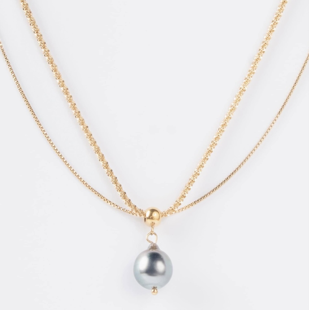 COLLIER DOUBLE PENDENTIF PERLE - ACIER DORE