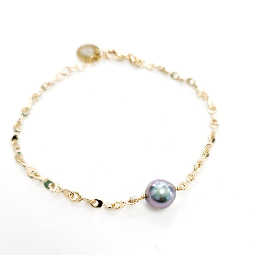 Bracelet plaqué or MAILLES PLATES ET 1 PERLE