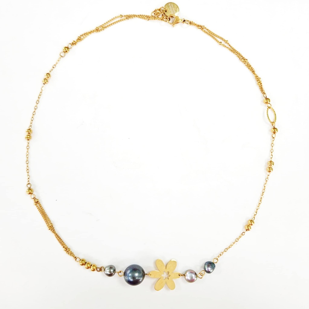 COLLIER TIARE 1 PERLE 3 KEISHIS - ACIER DORE