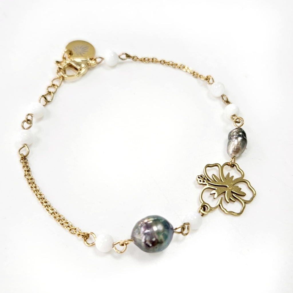 Bracelet HIBISCUS perle nacre et keishi - ACIER DORE