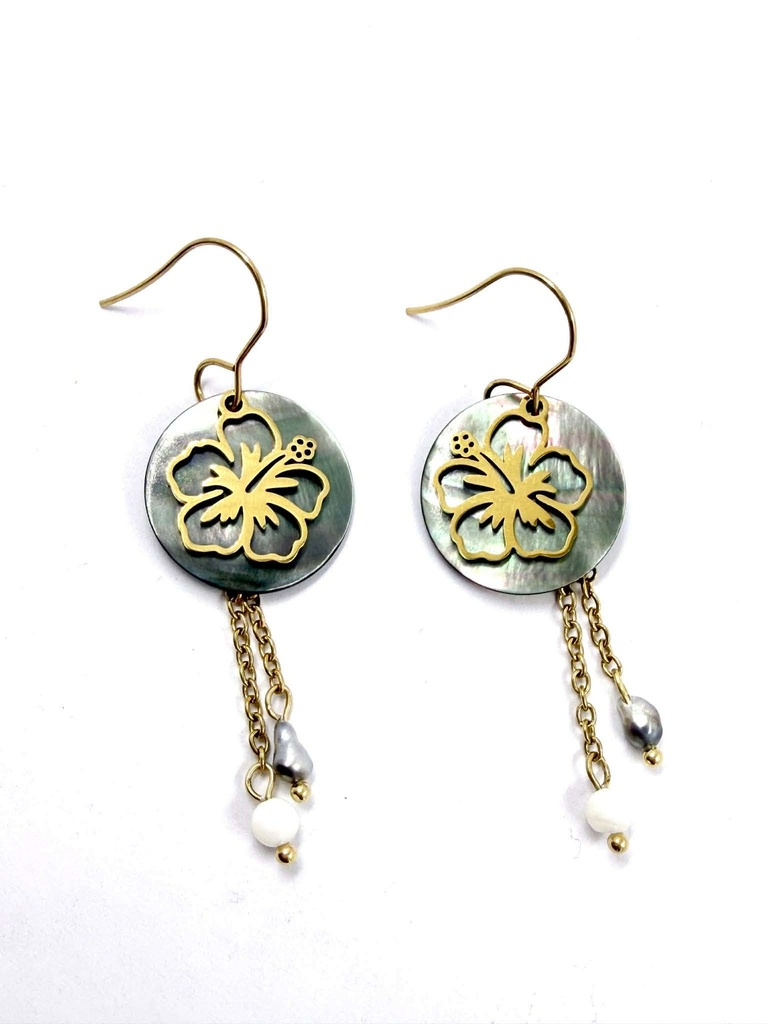 Boucles d'oreilles Hibiscus, nacre et keishis - Acier doré