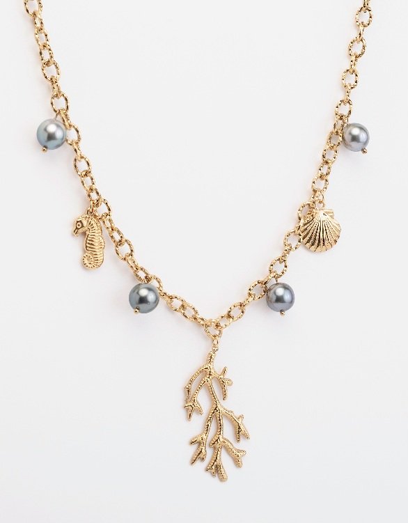 COLLIER BRELOQUES DE LA MER PERLE ET CORAIL - ACIER DORE