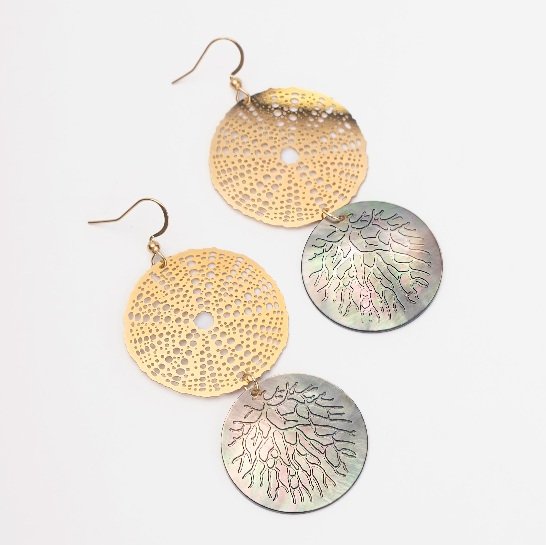 BOUCLES D OREILLES OURSIN ET NACRE CORAIL - ACIER DORE