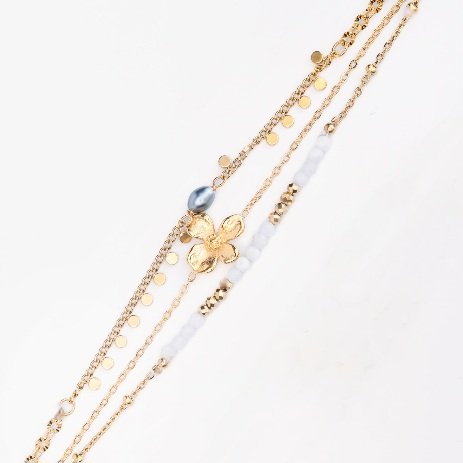 BRACELET FANTAISIE BLANC 3 RANGS + 1 KEISHI - ACIER DORE