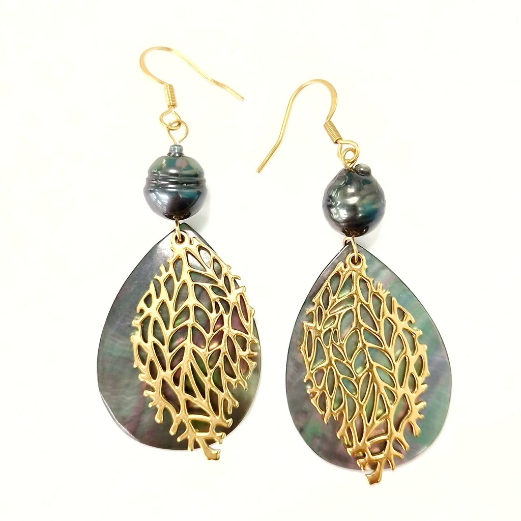 Boucles d'oreilles acier doré feuillage, nacre et perle