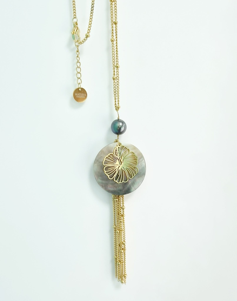 Pendentif long nacre, hibiscus et perle - acier doré