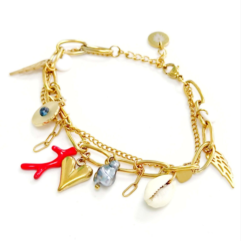 BRACELET BRELOQUES DIVERSES CORAIL ROUGE ET KEISHI - ACIER DORE