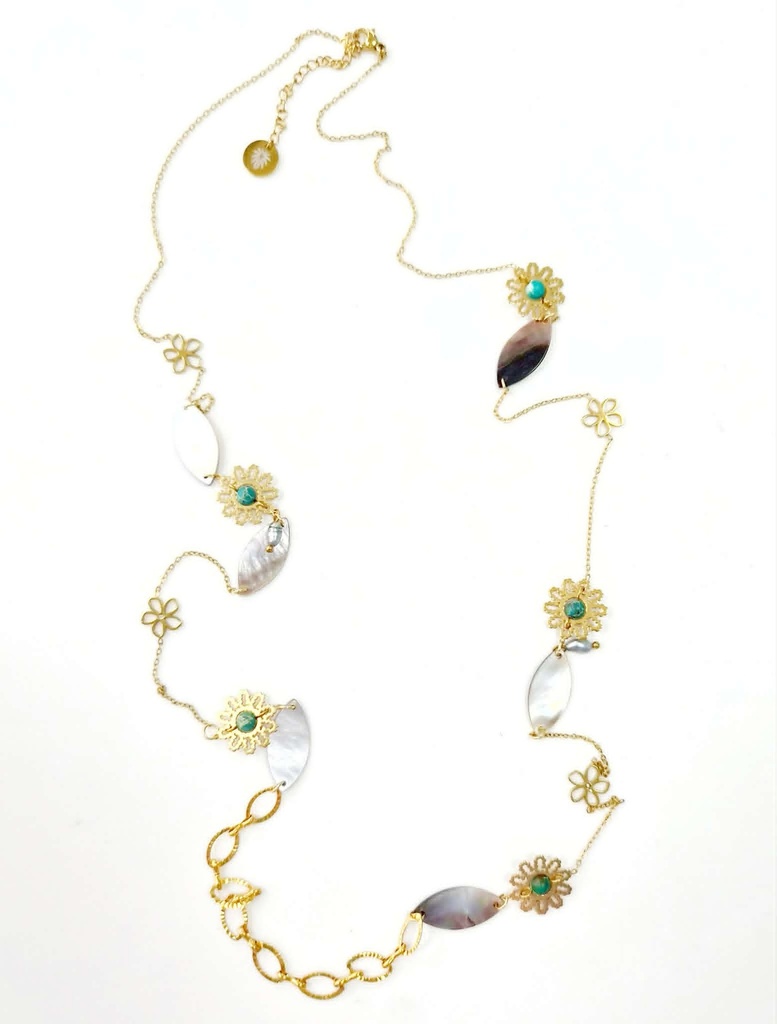 SAUTOIR FLEURS TURQUOISES NACRES ET KEISHIS - ACIER DORE