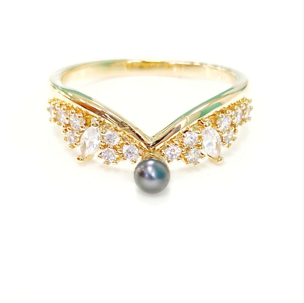 BAGUE COURONNE DE ZIRCONS ET KEISHI - PLAQUE OR