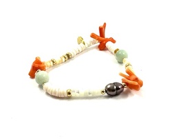 [CBRCK] Bracelet plaqué or élastique, nacre, corail et pierres