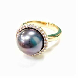 Bague plaqué or coupelle zircons + Perle