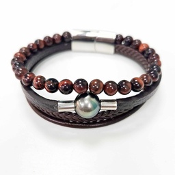 [BRJOSE] BRACELET HOMME MULTI CUIR MARRON AGATE ET PERLE DE TAHITI