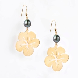 [BIGHIBISD] BOUCLES D OREILLES HIBISCUS ET PERLE - ACIER DORE