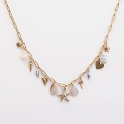 [COMER] COLLIER BRELOQUES DIVERSES + 3 KEISHIS - ACIER DORE