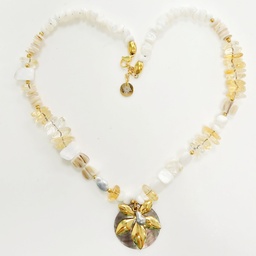 [COFPK] Collier en acier doré FLEUR + nacre + 2 keishis + agate jaune