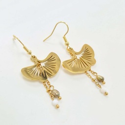 [BOGINKOD] Boucles d'oreilles Ginko doré et keishis - acier doré