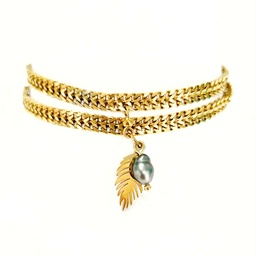 [BRDBL] BRACELET DOUBLE MAILLE PALMIER KEISHI NACRE RONDE ET FEUILLE - ACIER DORE